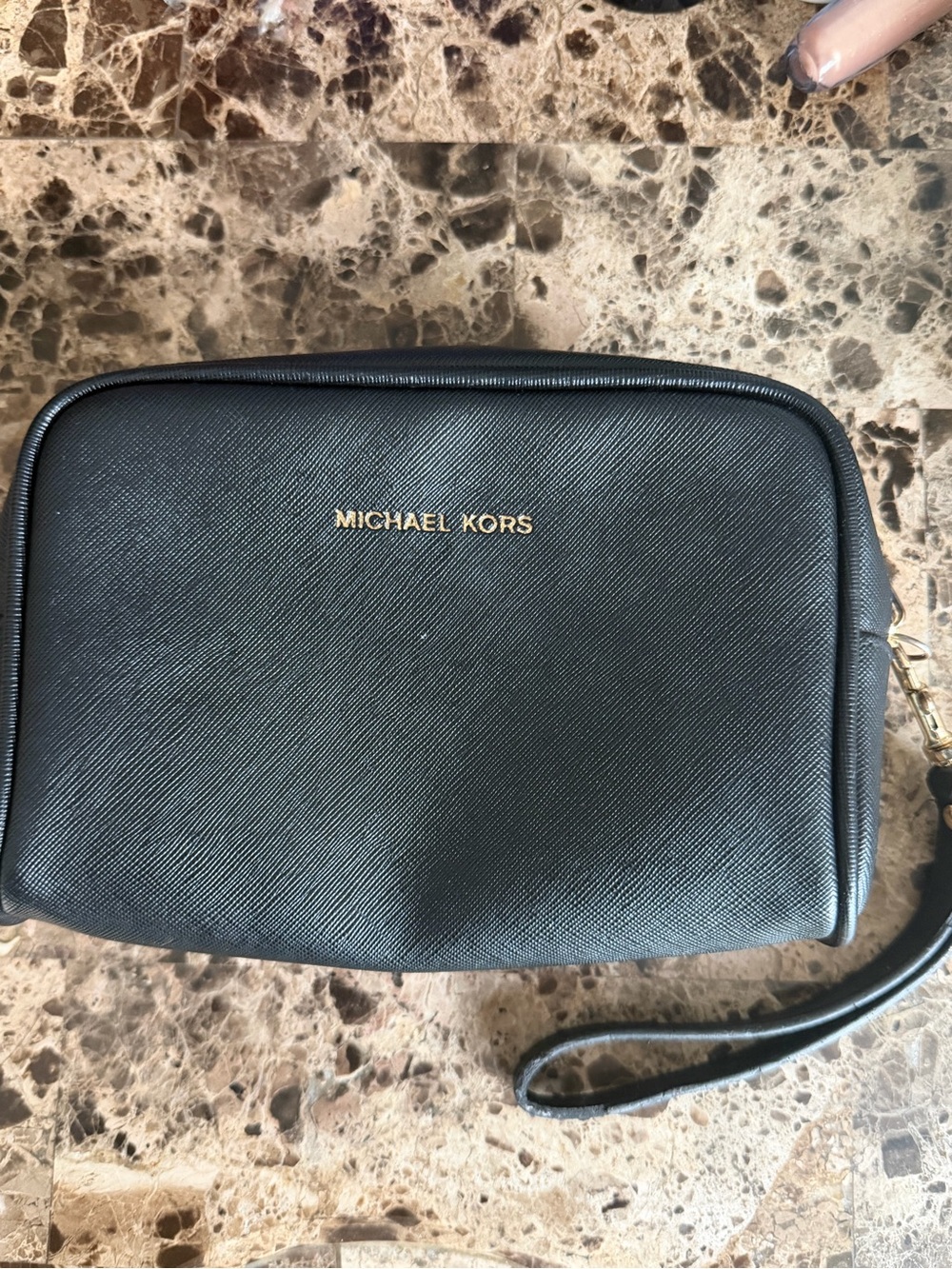 Michael Kors Black Leather Wristlet with Gold Logo